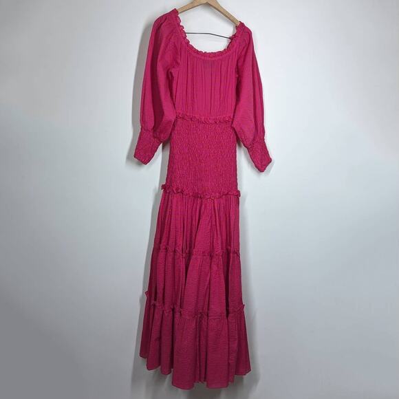 Alexis Thalssa Off The Shoulder Shirred Fuschia Dot Maxi Dress Small Preowned - Picture 5 of 9